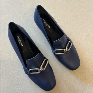 Michael Kors Collection Blue Rounded Leather Loafers with Silver Chain